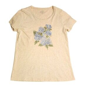 J. Crew Collector Tee Shirt Short Sleeves Beige w/ Blue Hydrangeas Womens Size M